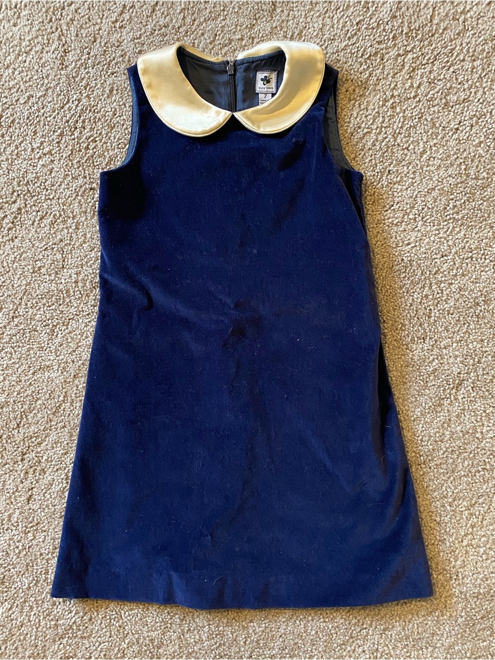 Busy Bees Navy Velvet Girls' Sleeveless Dress Cream Peter Pan Collar Girls 7
